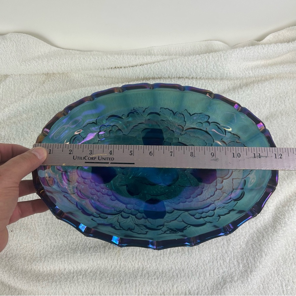 VTG Indiana Blue Iridescent Carnival Glass Grape Centerpiece Console Fruit Bowl - Picture 9 of 11